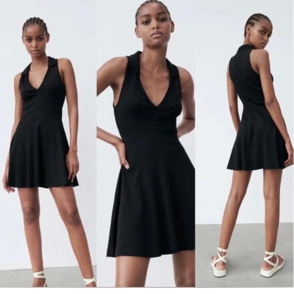 Zara Lapel Collar Ripped Skater Dress Black Small